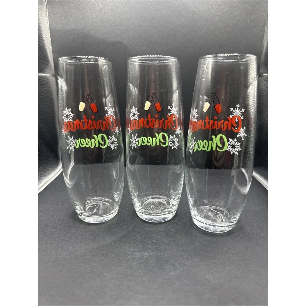 Set Of 3 Christmas Cheer Stemless Flute Wine Glasses 6